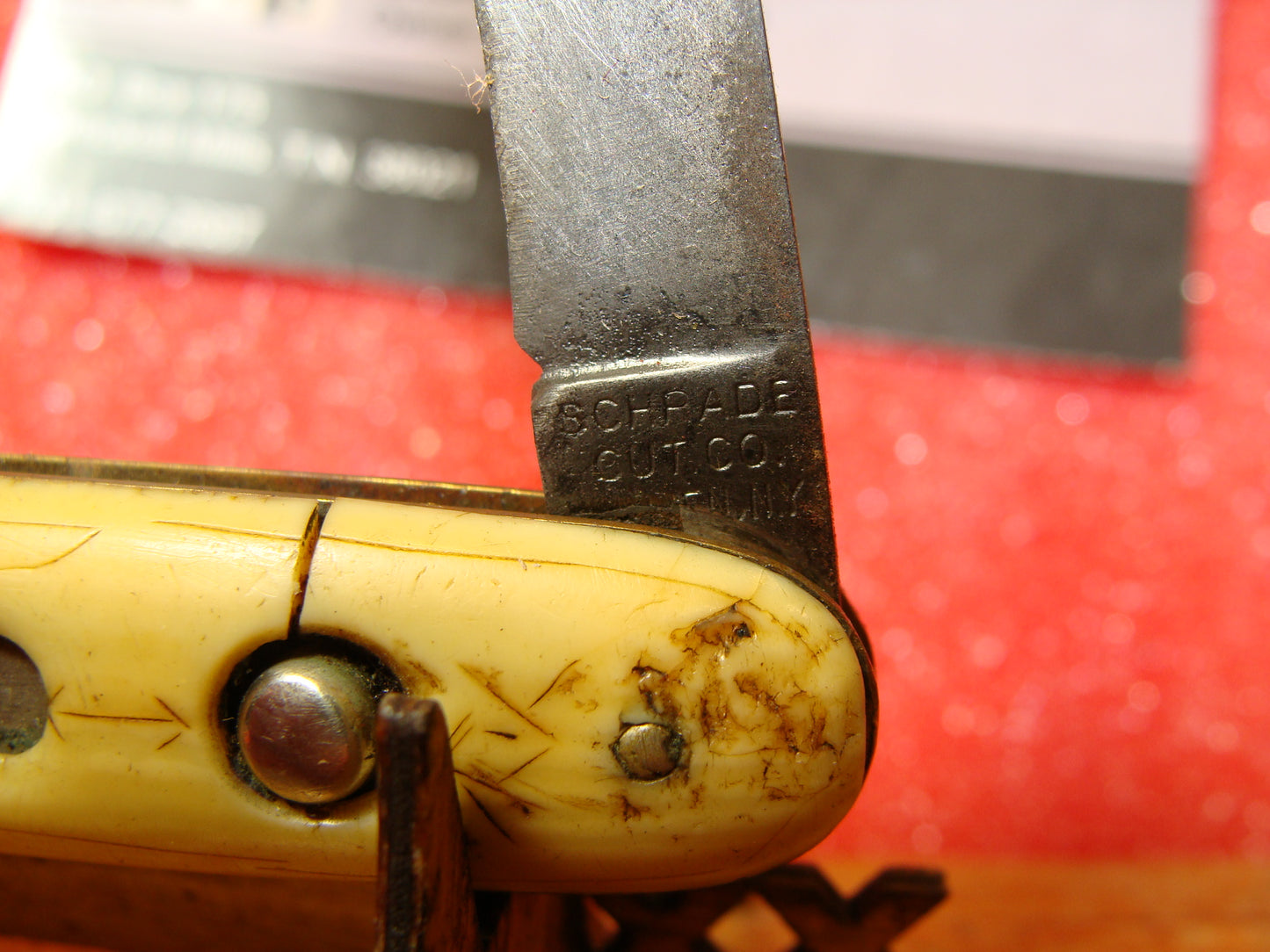 SCHRADE CUT CO. WALDEN NY 1916-46 VINTAGE AMERICAN AUTOMATIC KNIFE 3 3/8" SINGLE WAR KNIFE SPECIAL CUSTOM ETCH FROM SOMEONE DATED 6-33-43