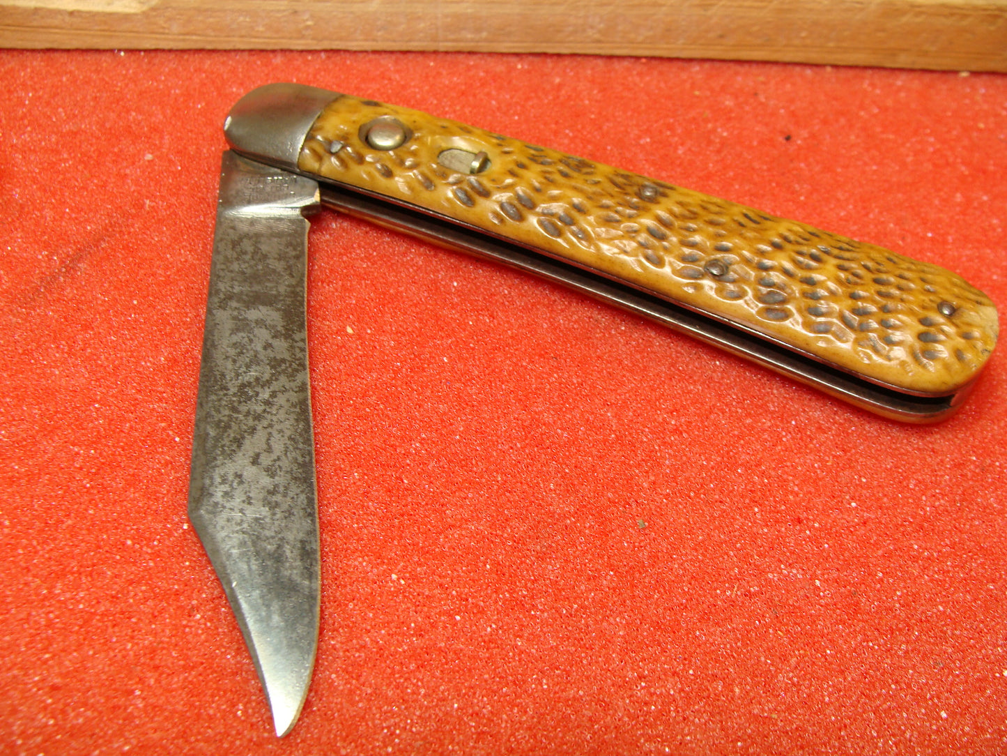 SCHRADE CUT CO. WALDEN NY 1907-10 VINTAGE AMERICAN AUTOMATIC 4 7/8" HUNTER BROWN JIGGED BONE HANDLES