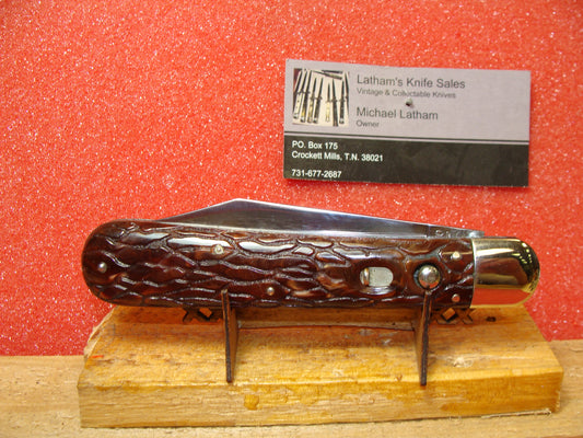 PRESTO GEO. SCHRADE CUT CO. BRIDGEPORT CONN. 1929-56 VINTAGE AMERICAN AUTOMATIC KNIFE 5" HUNTER RED WORM GROOVED HANDLES, ETCH: INDUSTRIAL ALLOY STEEL CLEVELAND, OHIO.