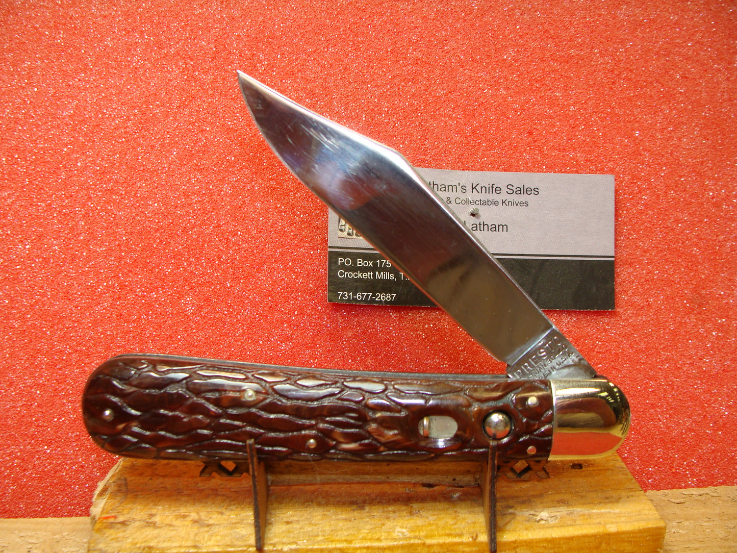 PRESTO GEO. SCHRADE CUT CO. BRIDGEPORT CONN. 1929-56 VINTAGE AMERICAN AUTOMATIC KNIFE 5" HUNTER RED WORM GROOVED HANDLES, ETCH: INDUSTRIAL ALLOY STEEL CLEVELAND, OHIO.