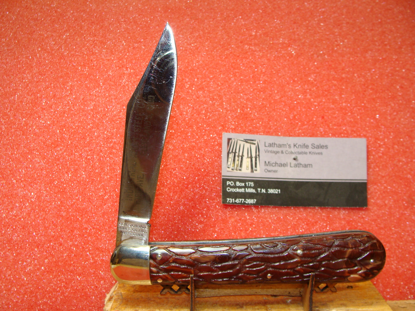 PRESTO GEO. SCHRADE CUT CO. BRIDGEPORT CONN. 1929-56 VINTAGE AMERICAN AUTOMATIC KNIFE 5" HUNTER RED WORM GROOVED HANDLES, ETCH: INDUSTRIAL ALLOY STEEL CLEVELAND, OHIO.