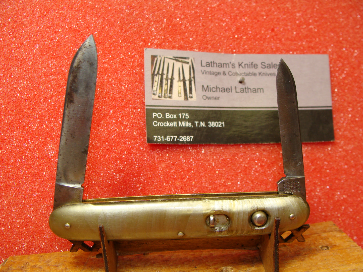 SCHRADE CUT CO. WALDEN NY 1916-46 VINTAGE AMERICAN AUTOMATIC KNIFE 3 3/8" TWIN BLADE DOUBLE BUTTON SMOKED PEARL CELLULOID HANDLES