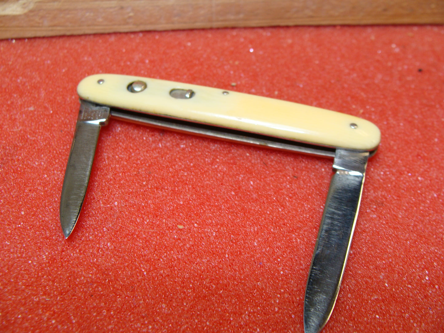 SCHRADE CUT CO. WALDEN NY 1916-46 VINTAGE AMERICAN AUTOMATIC KNIFE 2 7/8" TWIN BLADE DOUBLE BUTTON IMITATION IVORY CELLULOID HANDLES ETCH: BRUCE H. SEABRIGHT.