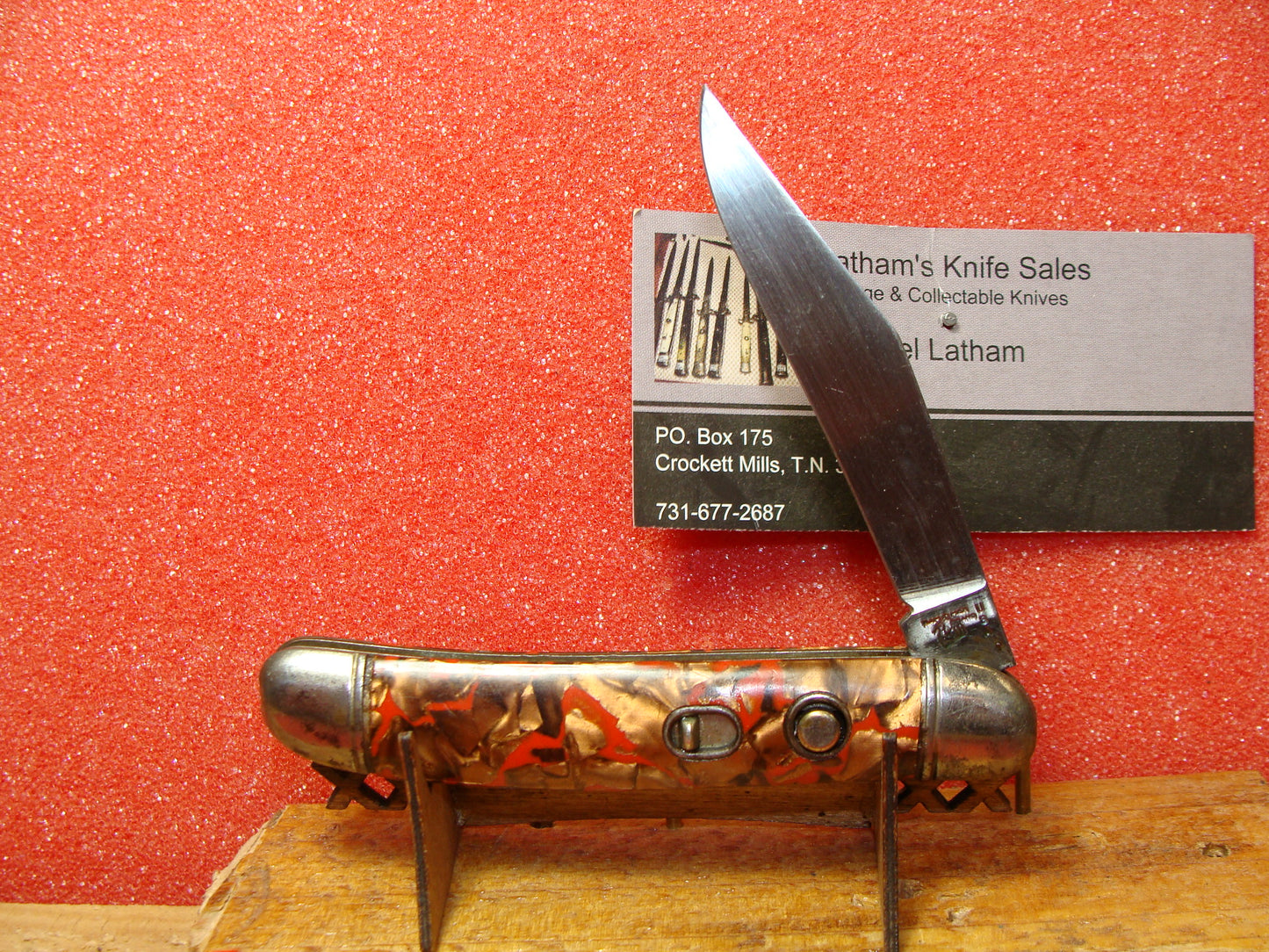 HAMMER BRAND IMPERIAL CUT. 1945-55 VINTAGE AMERICAN AUTOMATIC KNIFE 3 1/2" UTILITY JACK SHELL WRAP COPPER MIXED RED CELLULOID HANDLES