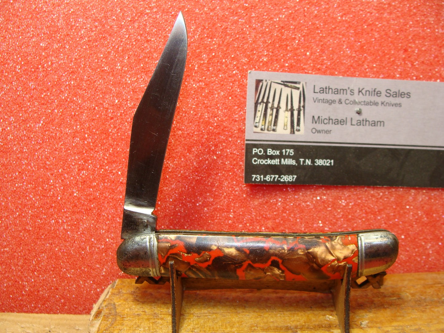 HAMMER BRAND IMPERIAL CUT. 1945-55 VINTAGE AMERICAN AUTOMATIC KNIFE 3 1/2" UTILITY JACK SHELL WRAP COPPER MIXED RED CELLULOID HANDLES