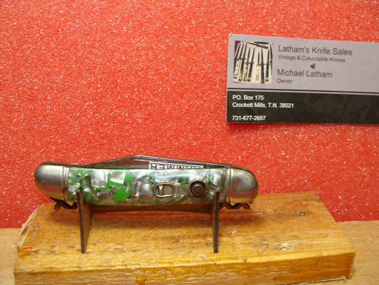 HAMMER BRAND IMPERIAL CUT 1945-55 VINTAGE AMERICAN AUTOMATIC KNIFE 3 1/2" UTILITY JACK SHELL WRAPPED GRAY & GREEN CELLULOID HANDLES