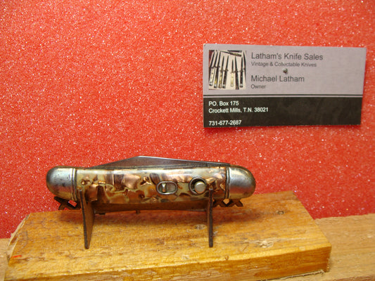 HAMMER BRAND IMPERIAL CUT 1945-55 VINTAGE AMERICAN AUTOMATIC KNIFE 3 1/2" UTILITY JACK SHELL WRAPPED COPPER FLAKE CELLULOID HANDLES