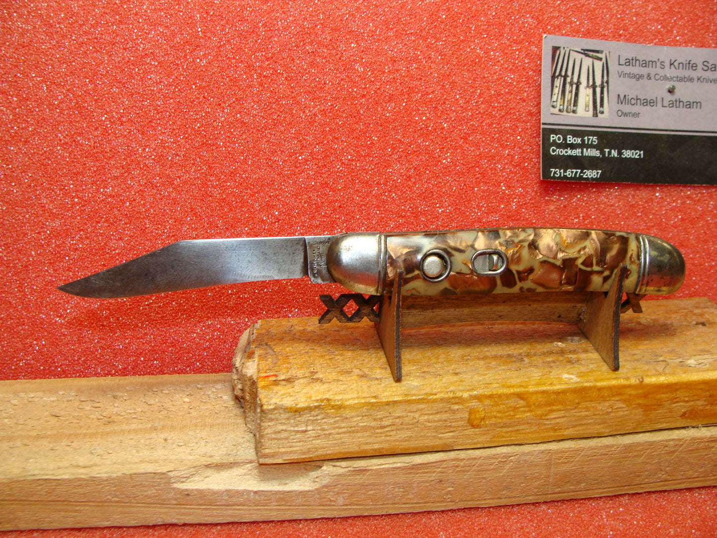 HAMMER BRAND IMPERIAL CUT 1945-55 VINTAGE AMERICAN AUTOMATIC KNIFE 3 1/2" UTILITY JACK SHELL WRAPPED COPPER FLAKE CELLULOID HANDLES