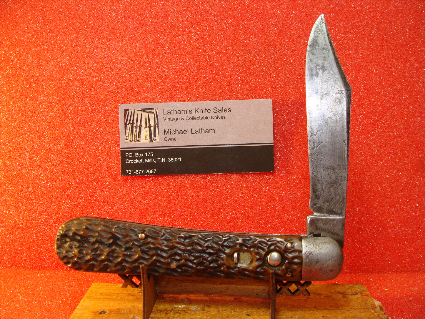 SCHRADE CUT CO. WALDEN NY 1910-16 VINTAGE AMERICAN AUTOMATIC KNIFE 4 7/8" SINGLE HUNTER BROWN BONE HANDLES