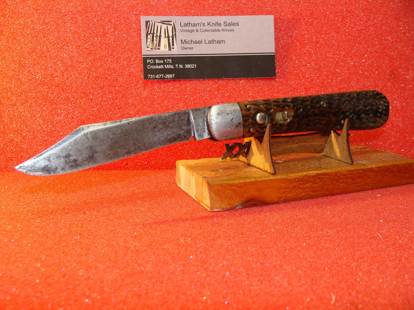 SCHRADE CUT CO. WALDEN NY 1910-16 VINTAGE AMERICAN AUTOMATIC KNIFE 4 7/8" SINGLE HUNTER BROWN BONE HANDLES