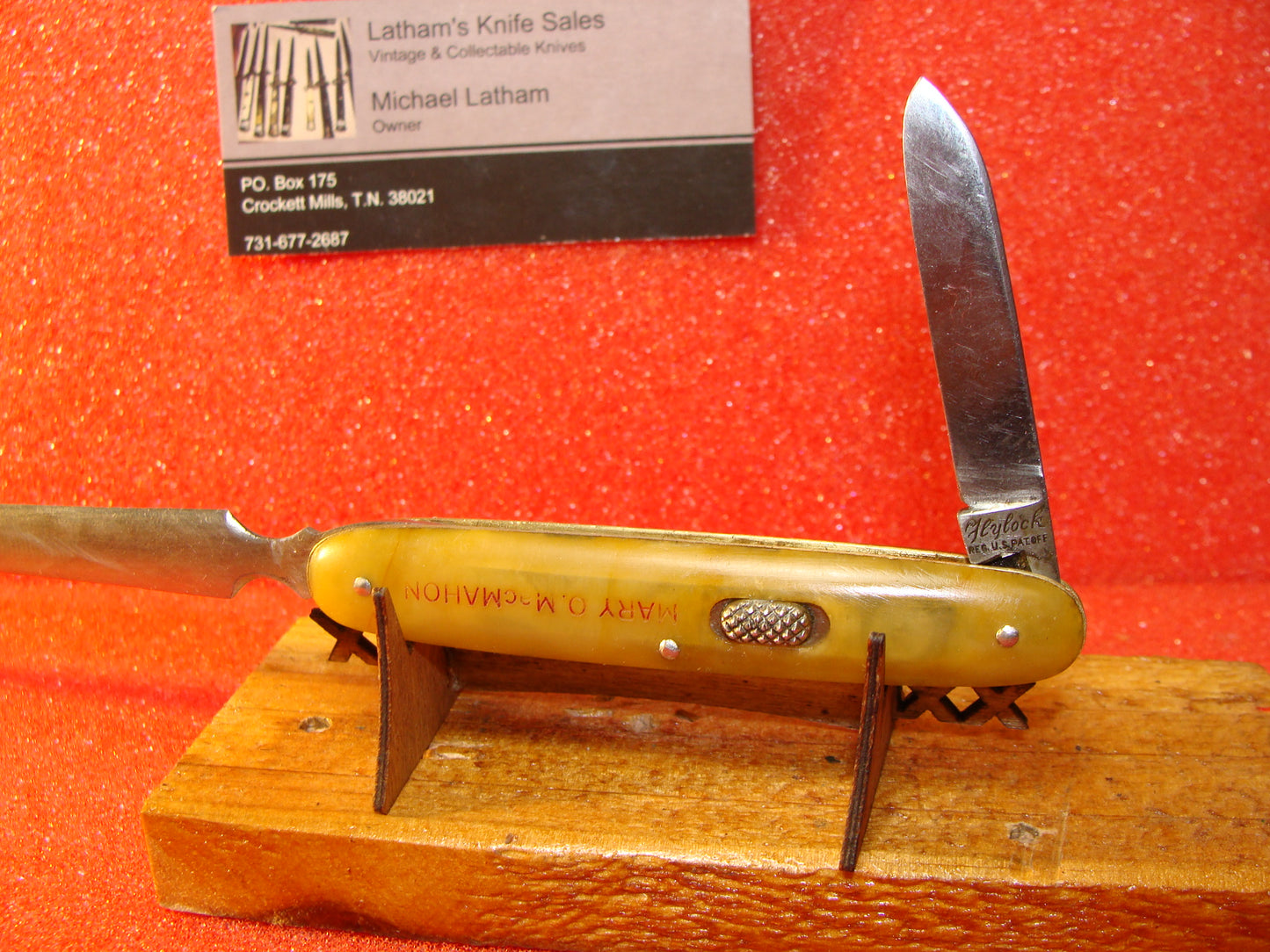 FLY LOCK KNIFE CO. BRIDGEPORT CONN. 1923-29 VINTAGE AMERICAN AUTOMATIC KNIFE SINGLE BLADE KNIFE WITH LETTER OPENER YELLOW CELLULOID HANDLES