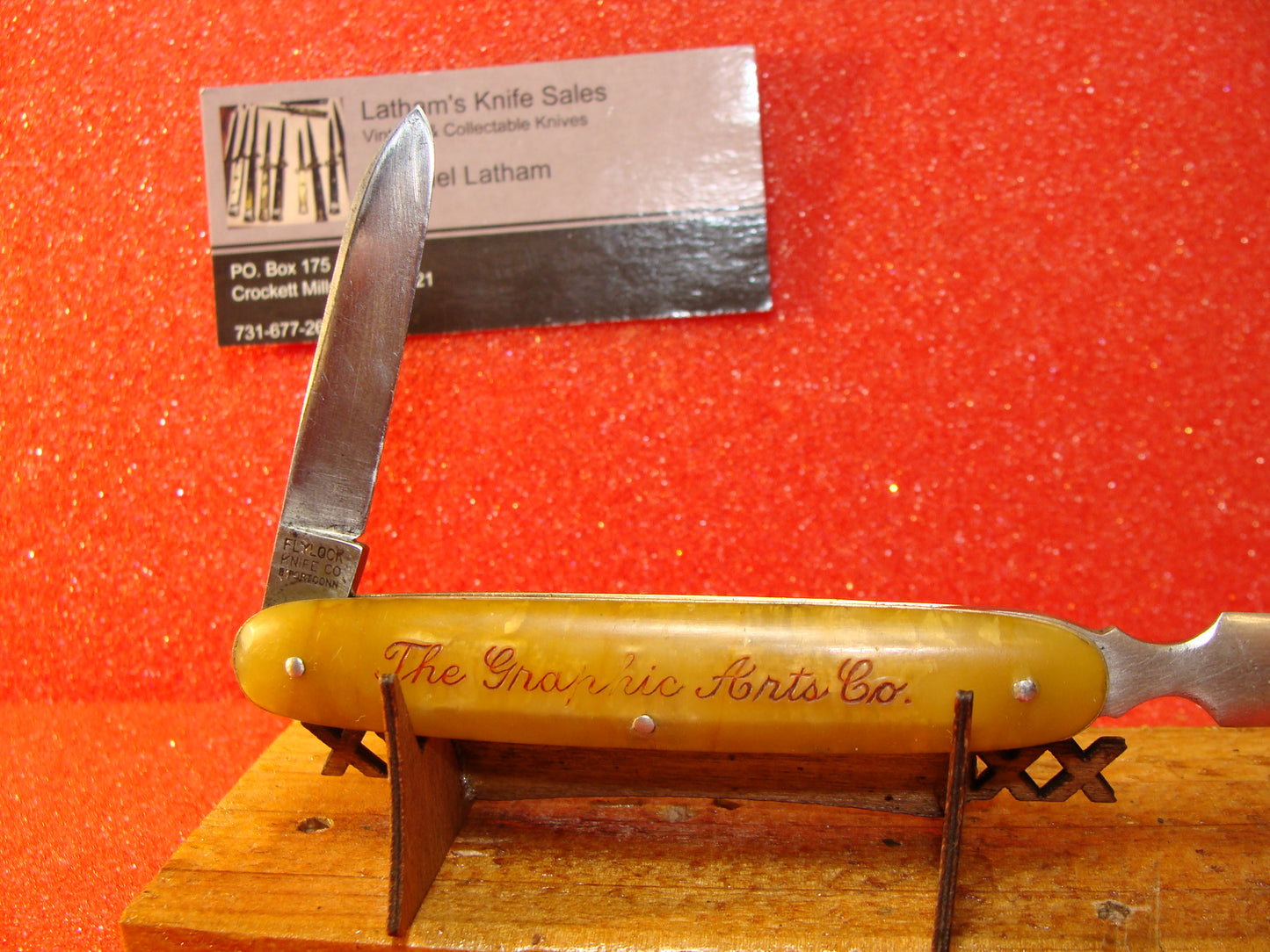 FLY LOCK KNIFE CO. BRIDGEPORT CONN. 1923-29 VINTAGE AMERICAN AUTOMATIC KNIFE SINGLE BLADE KNIFE WITH LETTER OPENER YELLOW CELLULOID HANDLES