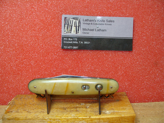 SCHRADE CUT CO. WALDEN NY 1910-16 VINTAGE AMERICAN AUTOMATIC KNIFE 3 3/4" DOUBLE BUTTON DREAMSICLE CELLULOID HANDLES