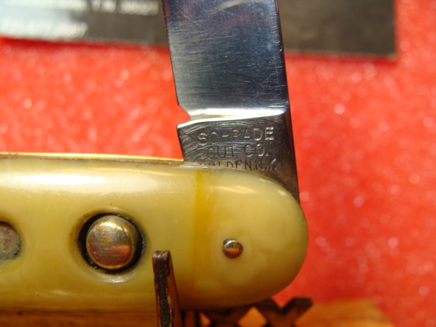 SCHRADE CUT CO. WALDEN NY 1910-16 VINTAGE AMERICAN AUTOMATIC KNIFE 3 3/4" DOUBLE BUTTON DREAMSICLE CELLULOID HANDLES