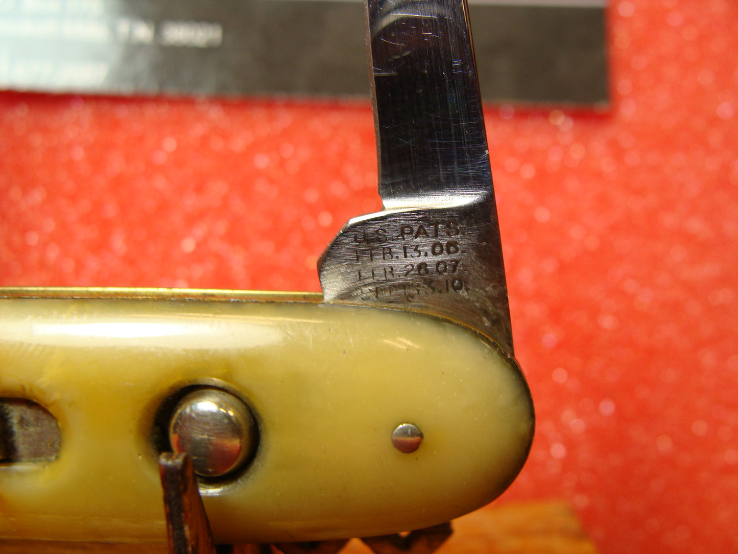 SCHRADE CUT CO. WALDEN NY 1910-16 VINTAGE AMERICAN AUTOMATIC KNIFE 3 3/4" DOUBLE BUTTON DREAMSICLE CELLULOID HANDLES