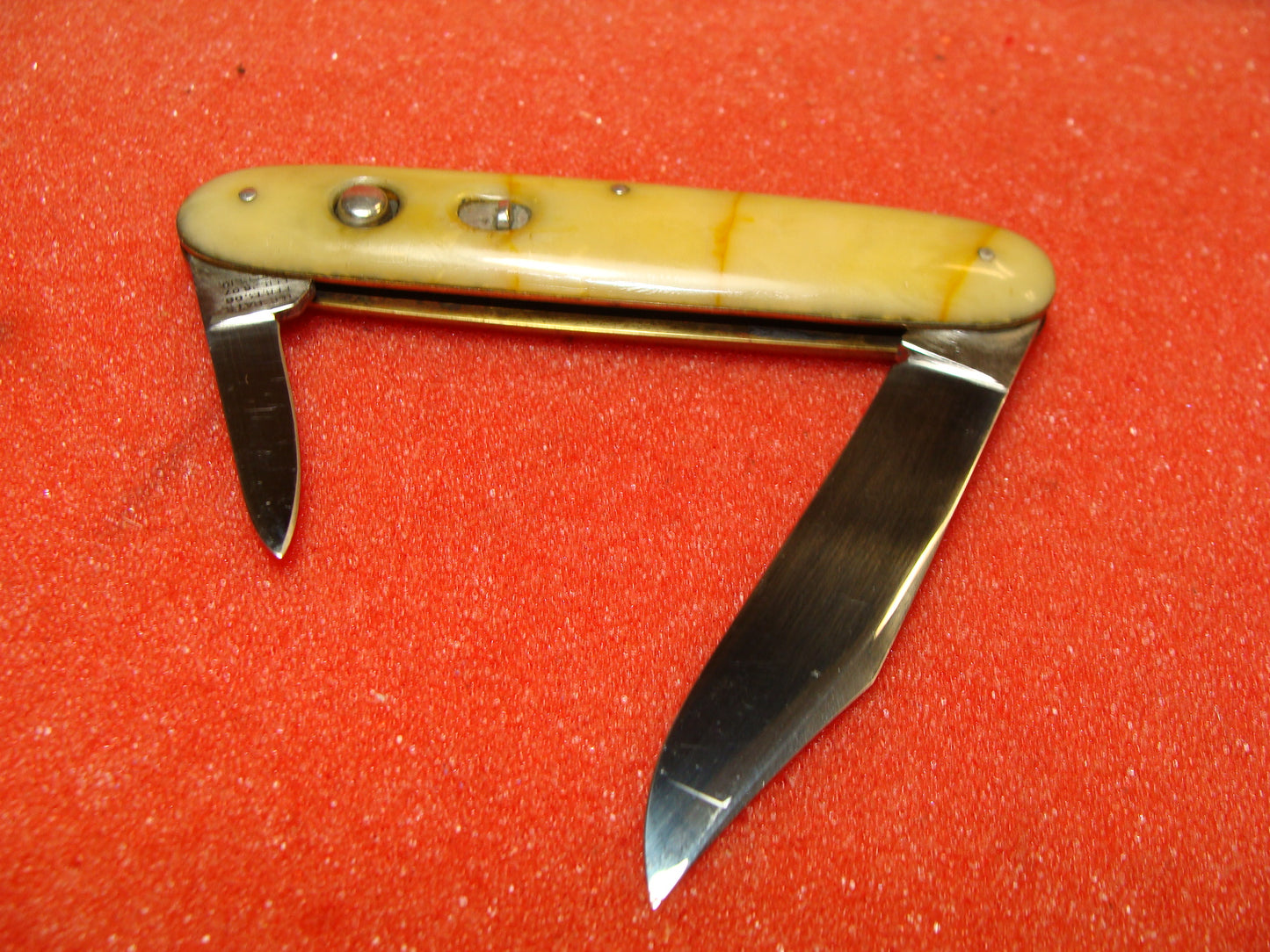 SCHRADE CUT CO. WALDEN NY 1910-16 VINTAGE AMERICAN AUTOMATIC KNIFE 3 3/4" DOUBLE BUTTON DREAMSICLE CELLULOID HANDLES