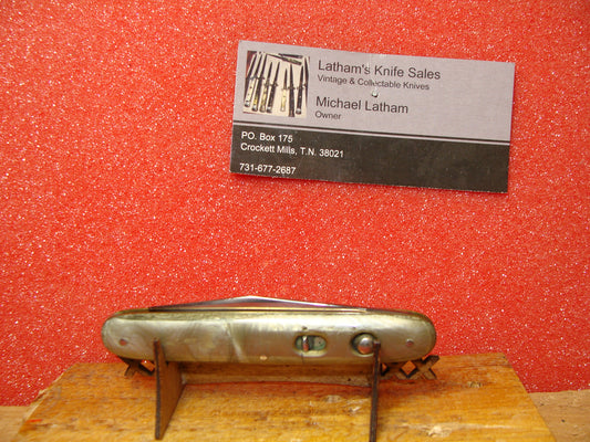 SCHRADE CUT CO. WALDEN NY 1916-46 VINTAGE AMERICAN AUTOMATIC KNIFE 3 3/8" SINGLE BUTTON SMOKED PEARL CELLULOID HANDLES