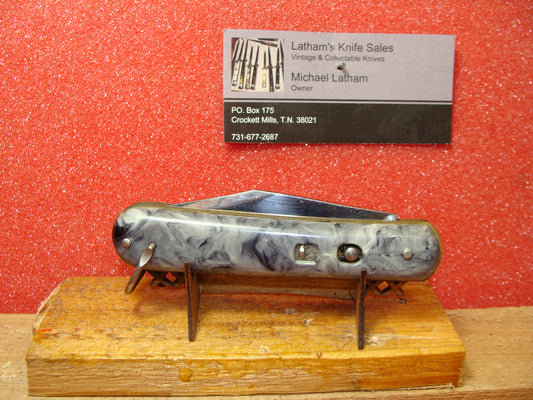 SHUR SNAP COLONIAL KNIFE CO. 1926-56 AMERICAN AUTOMATIC KNIFE 4 1/8" STUBBY JACK PARATROOPER GRAY SWIRL COMPOSITION HANDLES