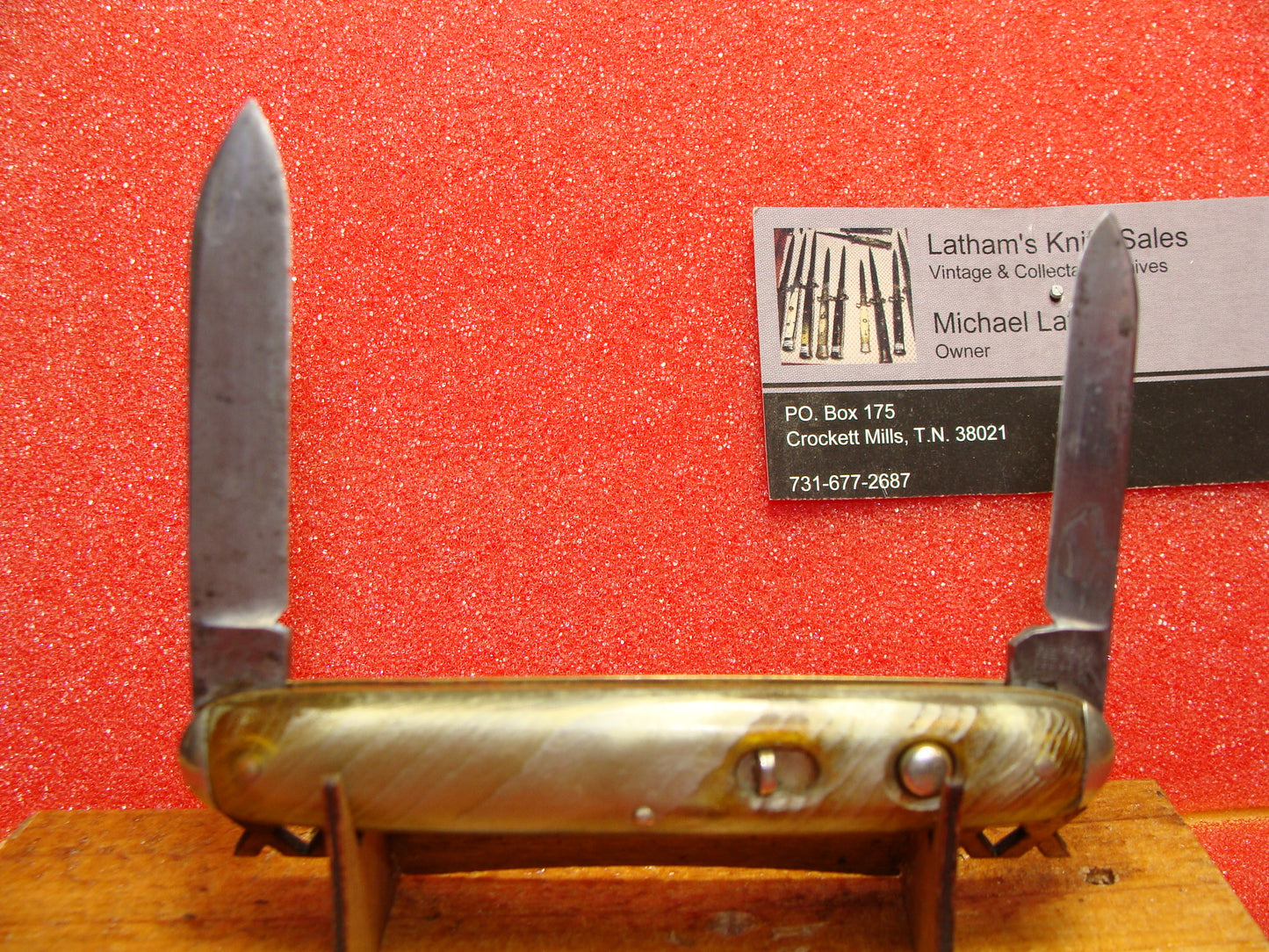 SCHRADE CUT CO. WALDEN NY 1910-16 VINTAGE AMERICAN AUTOMATIC KNIFE 3 3/8" TWIN BLADE DOUBLE BUTTON SMOKED PEARL CELLULOID HANDLES