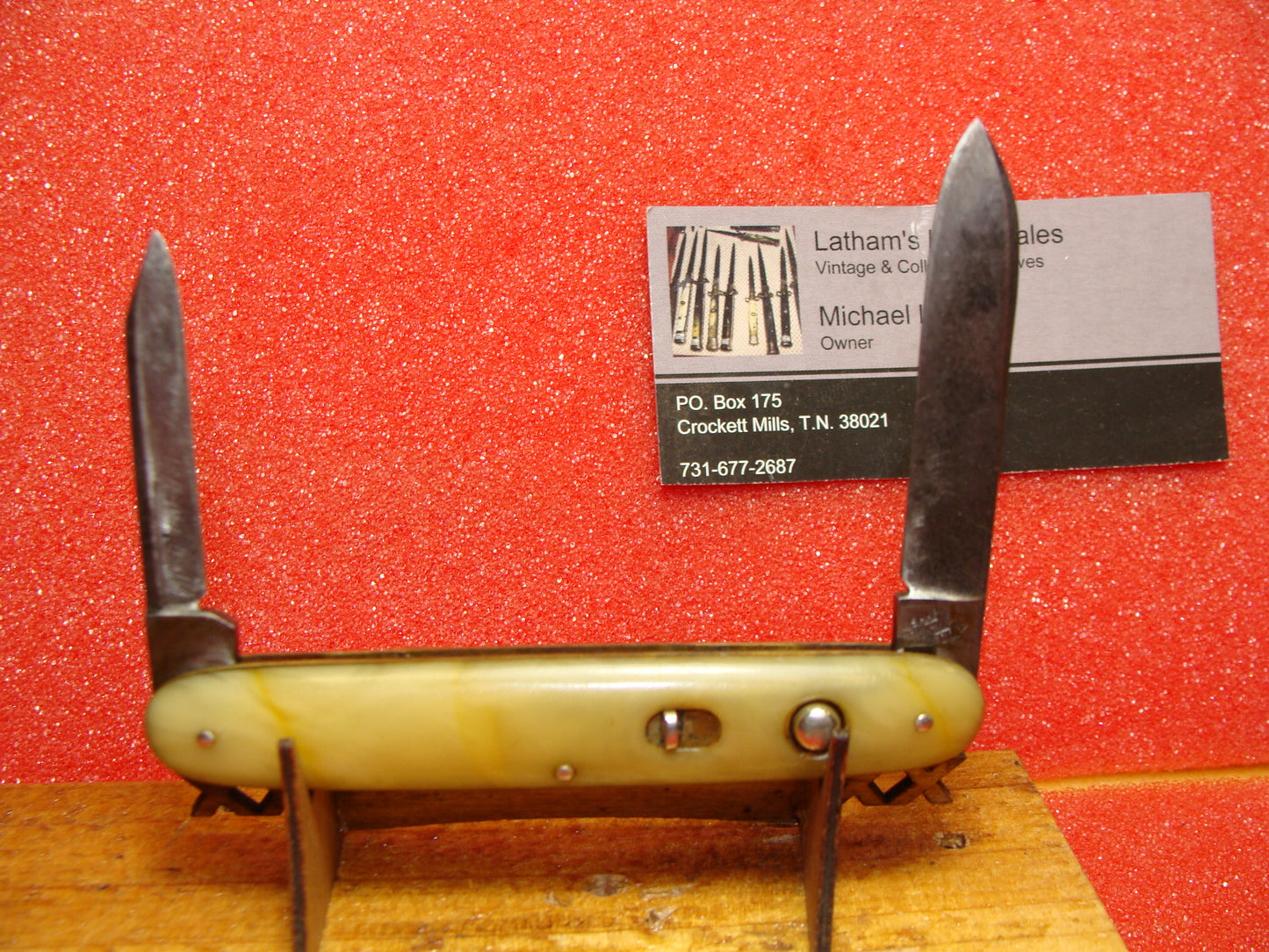 SHAPLEIGH HDW. CO. DIAMOND EDGE 1916-46 VINTAGE AMERICAN AUTOMATIC KNIFE 3 3/8" DOUBLE BLADE CELLULOID HANDLES