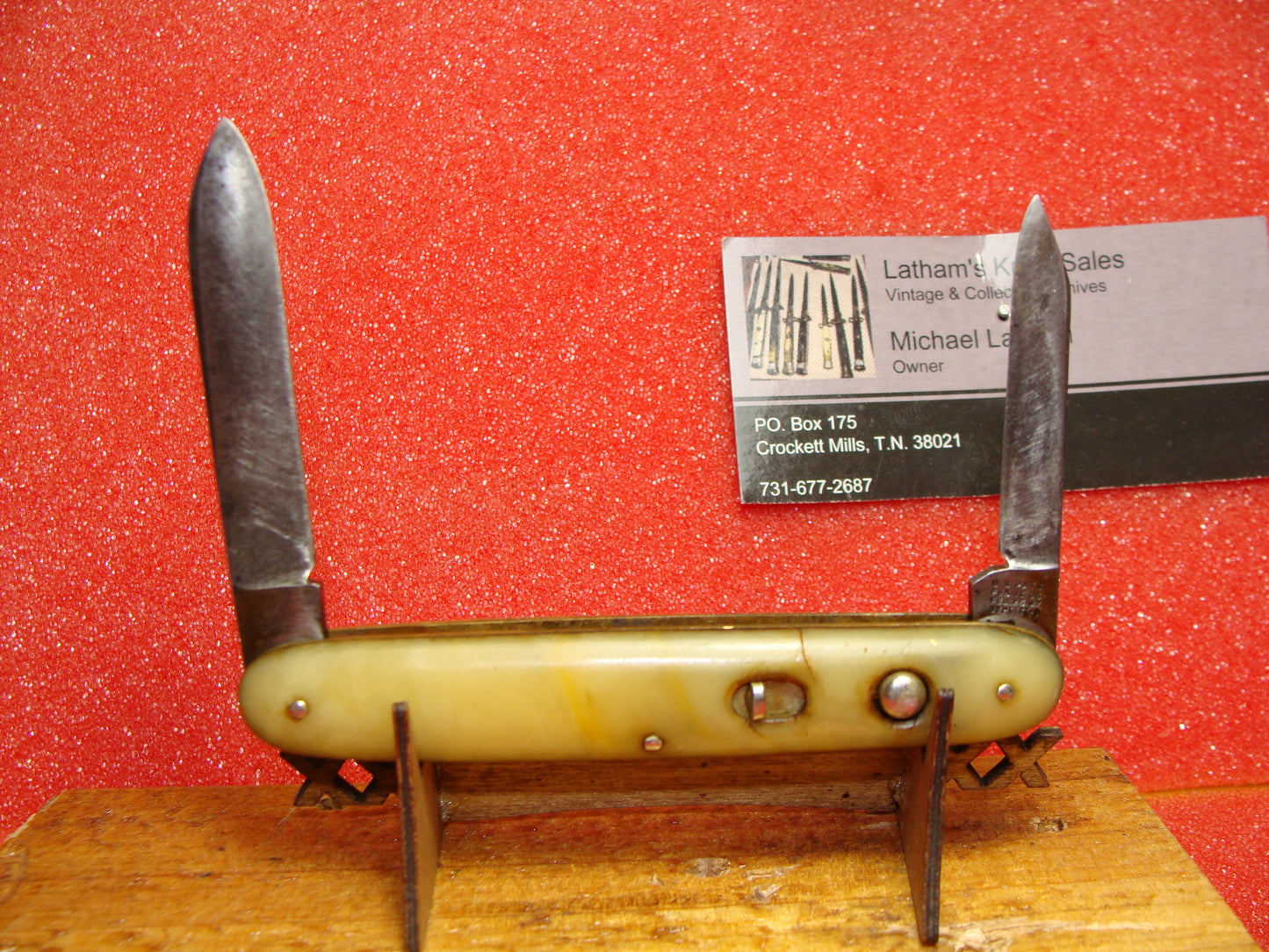 SHAPLEIGH HDW. CO. DIAMOND EDGE 1916-46 VINTAGE AMERICAN AUTOMATIC KNIFE 3 3/8" DOUBLE BLADE CELLULOID HANDLES