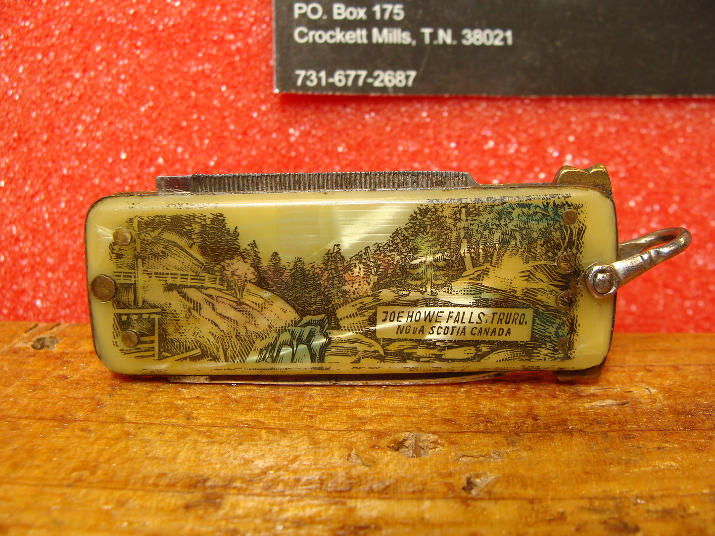 ROYAL CUTLERY CO. 1814-1954 VINTAGE AMERICAN AUTOMATIC KNIFE DOUBLE BLADE TAB RELEASE BLADE & FILE PICTURE CELLULOID HANDLES ETCH JOE HOWE FALLS, TRURO, NOVA SCOTIA CANADA