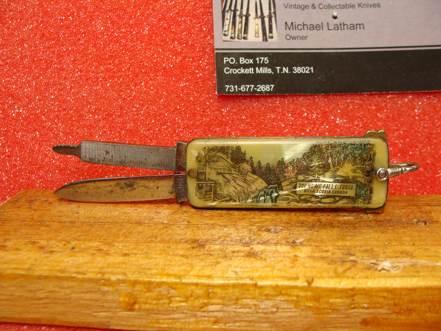 ROYAL CUTLERY CO. 1814-1954 VINTAGE AMERICAN AUTOMATIC KNIFE DOUBLE BLADE TAB RELEASE BLADE & FILE PICTURE CELLULOID HANDLES ETCH JOE HOWE FALLS, TRURO, NOVA SCOTIA CANADA