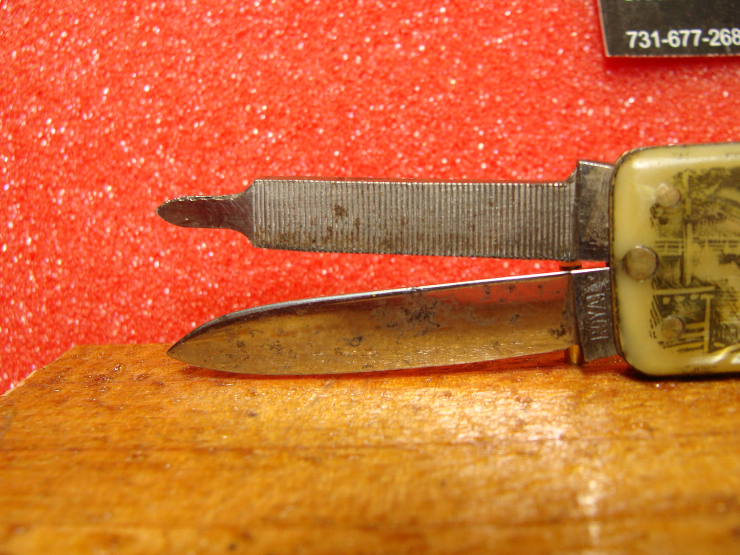 ROYAL CUTLERY CO. 1814-1954 VINTAGE AMERICAN AUTOMATIC KNIFE DOUBLE BLADE TAB RELEASE BLADE & FILE PICTURE CELLULOID HANDLES ETCH JOE HOWE FALLS, TRURO, NOVA SCOTIA CANADA