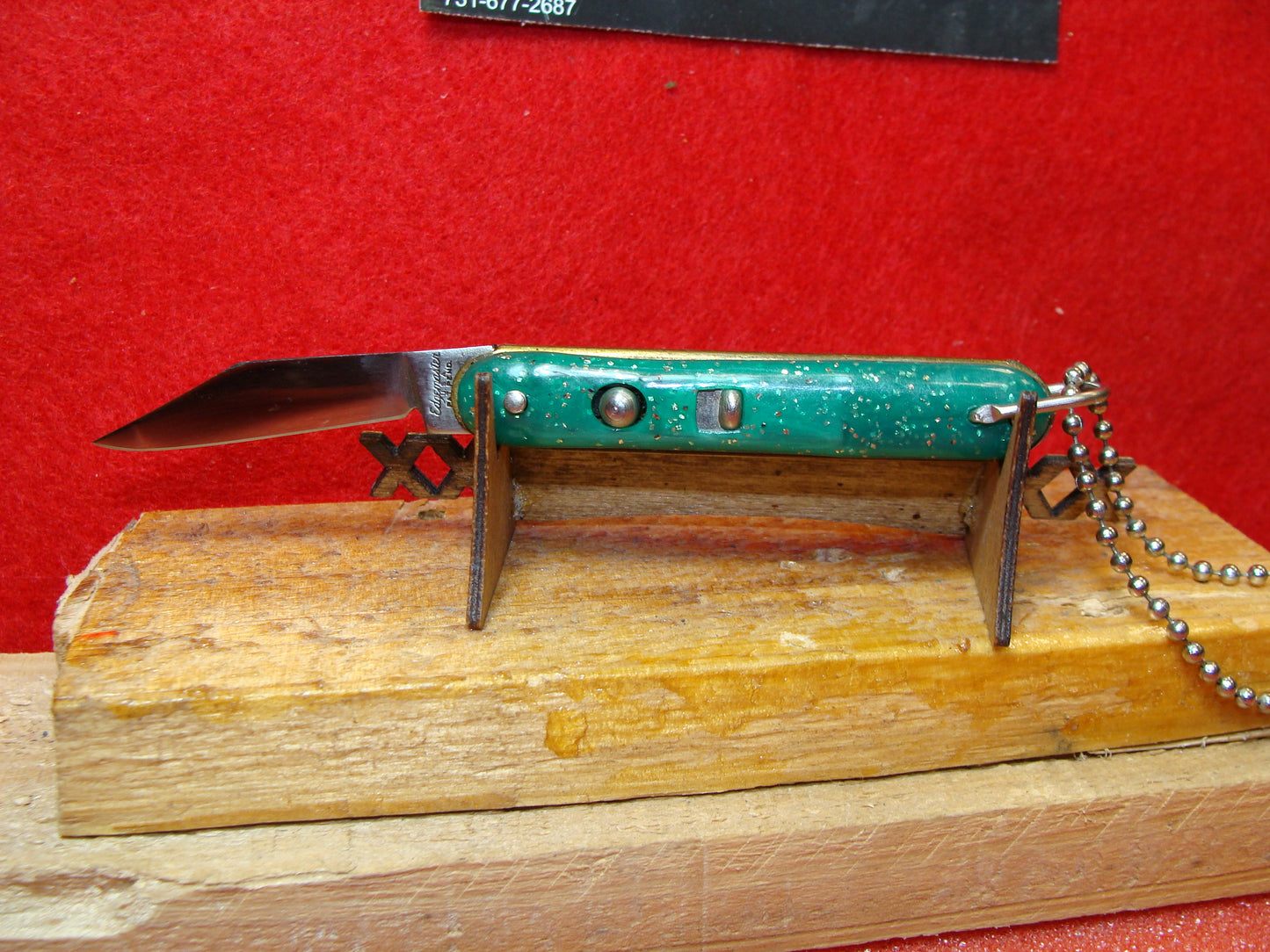 EDGEMASTER USA PAT PEN. 1936-56 MY-T-MITES VINTAGE AMERICAN AUTOMATIC KNIFE 2 1/2" GREEN SPARKLE COMPOSITION HANDLES