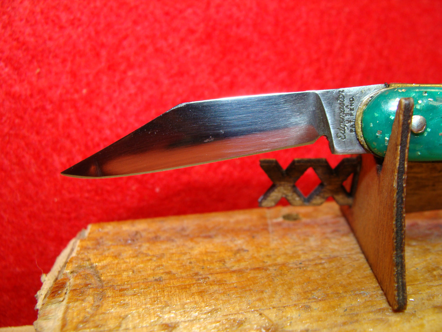 EDGEMASTER USA PAT PEN. 1936-56 MY-T-MITES VINTAGE AMERICAN AUTOMATIC KNIFE 2 1/2" GREEN SPARKLE COMPOSITION HANDLES