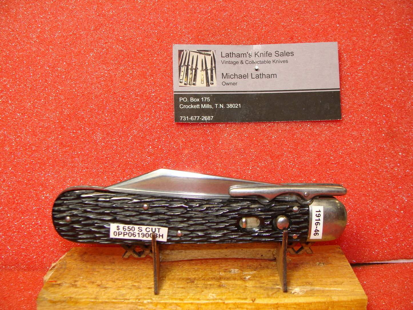 SCHRADE CUT CO. WALDEN NY 1916-46 VINTAGE AMERICAN AUTOMATIC KNIFE 4 7/8" HUNTER PRIDE SWING GUARD BLACK IMITATION JIGGED HANDLES