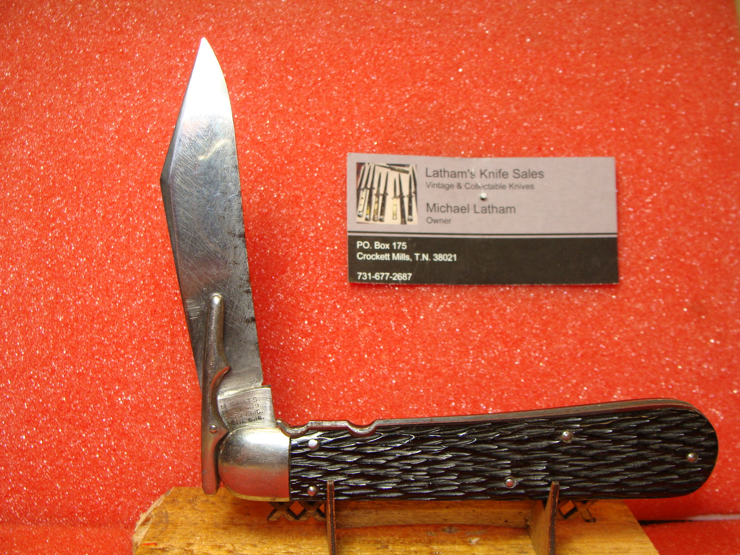 SCHRADE CUT CO. WALDEN NY 1916-46 VINTAGE AMERICAN AUTOMATIC KNIFE 4 7/8" HUNTER PRIDE SWING GUARD BLACK IMITATION JIGGED HANDLES
