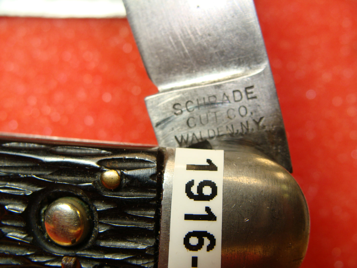 SCHRADE CUT CO. WALDEN NY 1916-46 VINTAGE AMERICAN AUTOMATIC KNIFE 4 7/8" HUNTER BLACK IMITATION JIGGED HANDLES