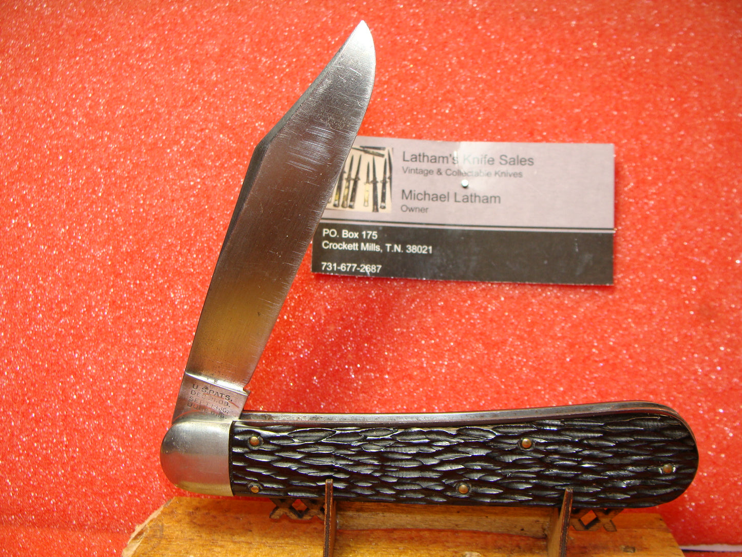 SCHRADE CUT CO. WALDEN NY 1916-46 VINTAGE AMERICAN AUTOMATIC KNIFE 4 7/8" HUNTER BLACK IMITATION JIGGED HANDLES