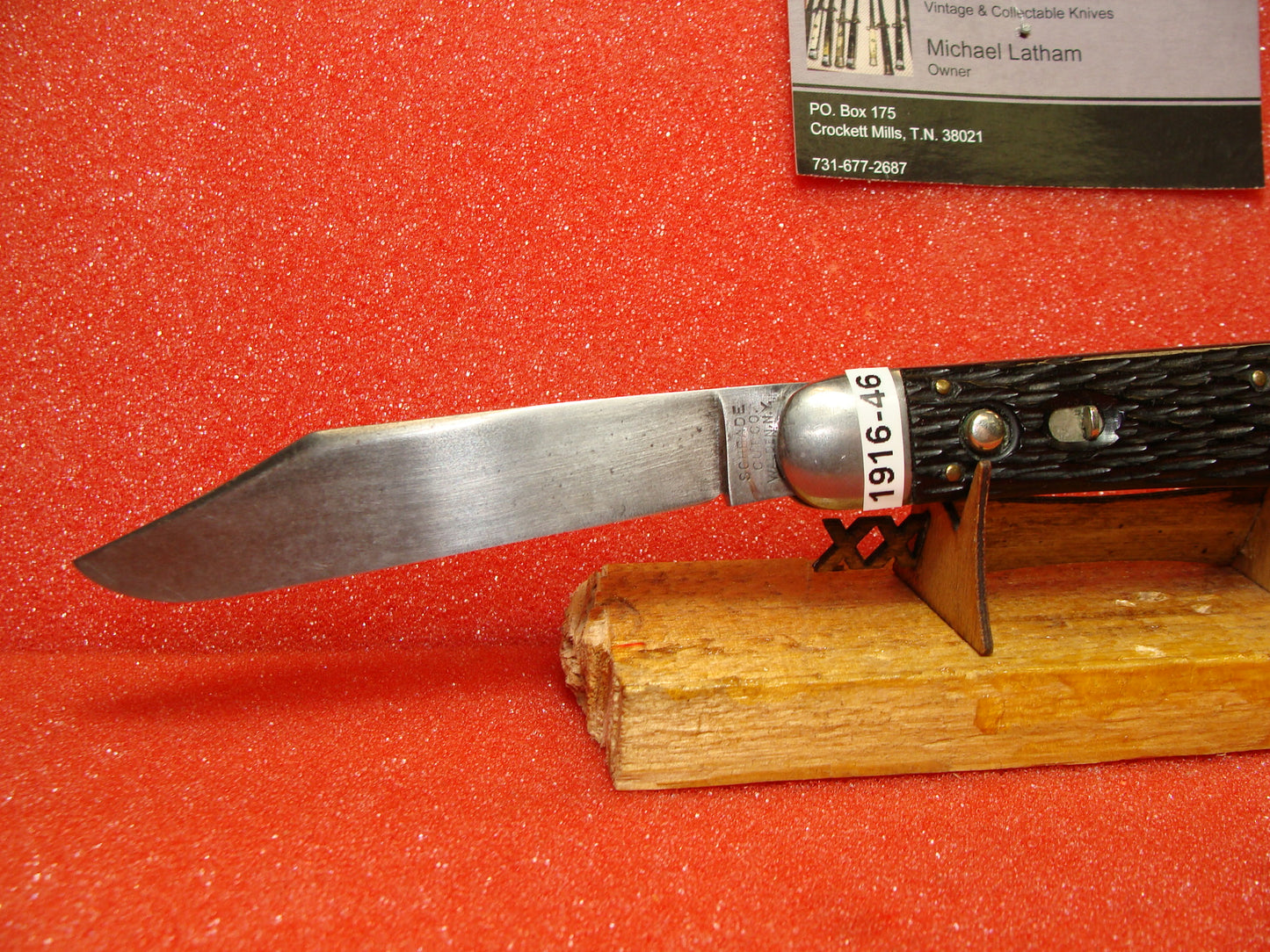 SCHRADE CUT CO. WALDEN NY 1916-46 VINTAGE AMERICAN AUTOMATIC KNIFE 4 7/8" HUNTER BLACK IMITATION JIGGED HANDLES