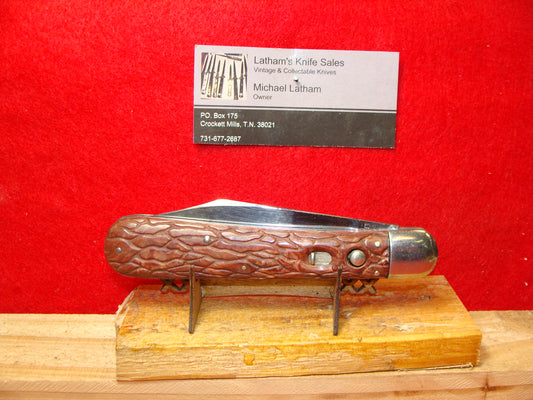 PRESTO GEO. SCHRADE CUTLERY BRIDGEPORT CONN. 1929-56 VINTAGE AMERICAN AUTOMATIC KNIFE 5" RED WORM GROOVED COMPOSITION HANDLES