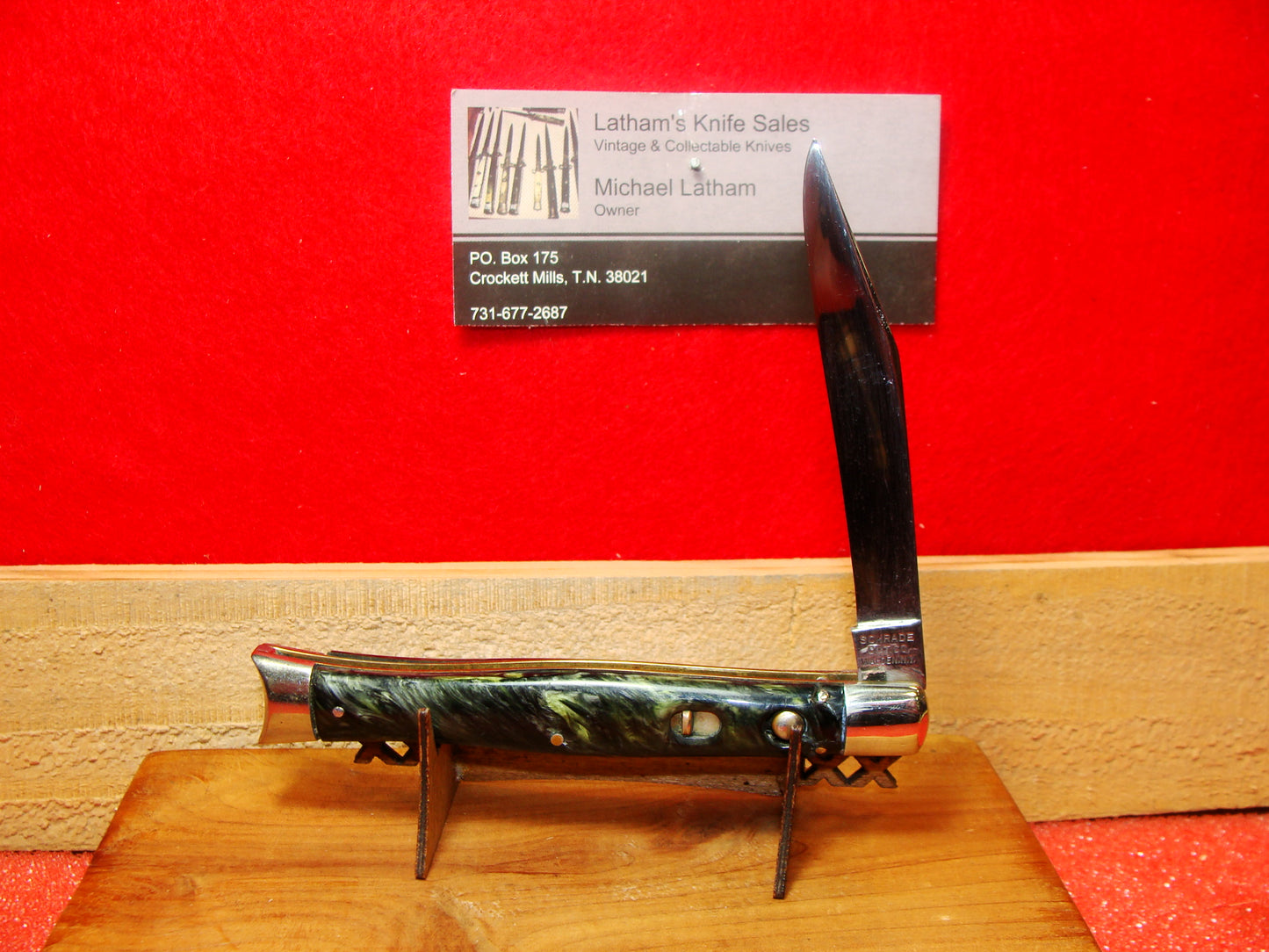 SCHRADE CUTLERY CO. WALDEN NY 1916-46 VINTAGE AMERICAN AUTOMATIC KNIFE 4" FISH TAIL GREEN MARBLE CELLULOID HANDLES