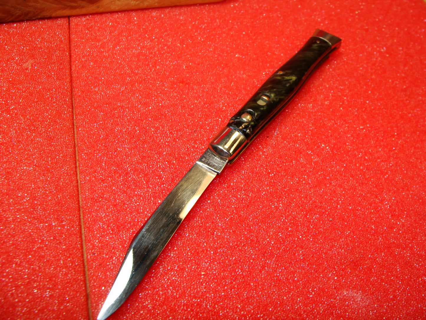 SCHRADE CUTLERY CO. WALDEN NY 1916-46 VINTAGE AMERICAN AUTOMATIC KNIFE 4" FISH TAIL GREEN MARBLE CELLULOID HANDLES