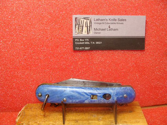 EDGEMASTER USA 1936-56 VINTAGE AMERICAN AUTOMATIC KNIFE 4 1/8" PARATROOPER BLUE SWIRL COMPOSITION HANDLES