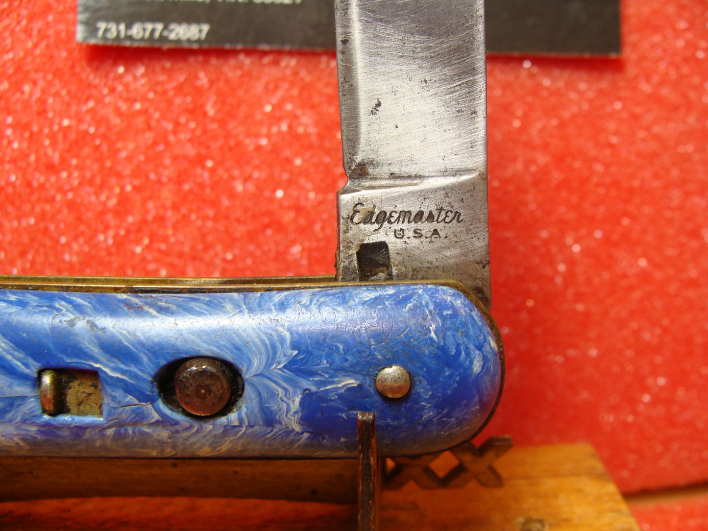 EDGEMASTER USA 1936-56 VINTAGE AMERICAN AUTOMATIC KNIFE 4 1/8" PARATROOPER BLUE SWIRL COMPOSITION HANDLES