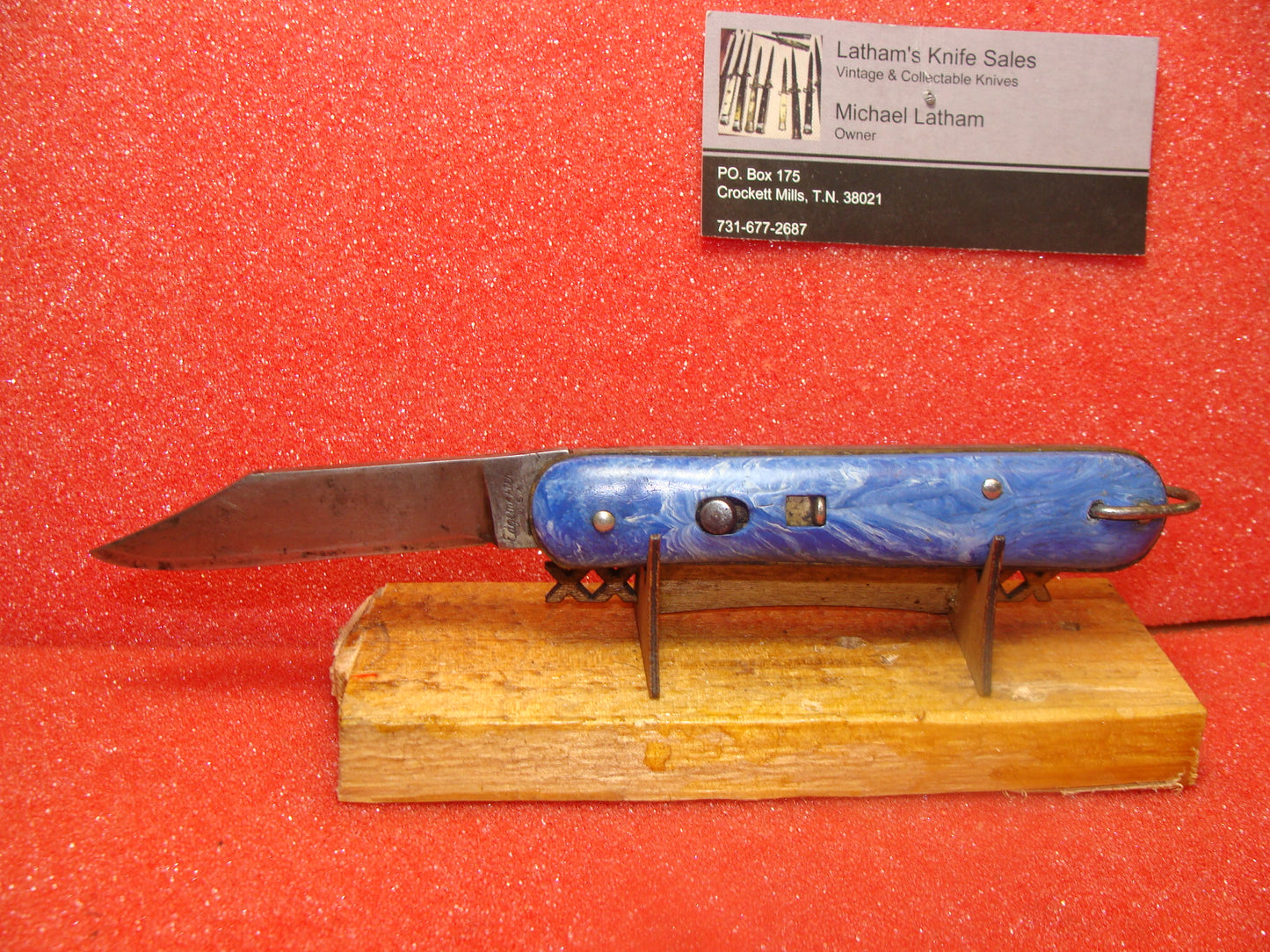 EDGEMASTER USA 1936-56 VINTAGE AMERICAN AUTOMATIC KNIFE 4 1/8" PARATROOPER BLUE SWIRL COMPOSITION HANDLES