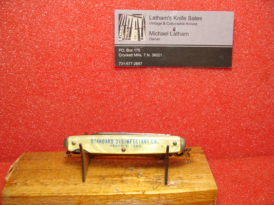 CAMCO--CAMILLUS CUTLERY 1940-46 TAB RELEASE LOCK 3 1/8" VINTAGE AMERICAN AUTOMATIC KNIFE CELLULOID--CRACKED ICE HANDLES ETCHED: MEMPHIS TN. STANDARD DISINFECTANT CO.