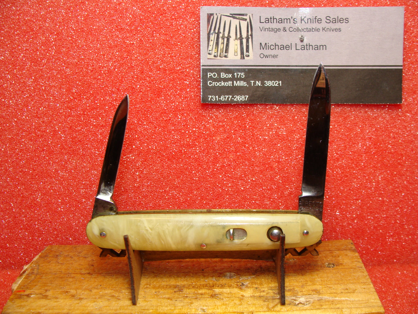 PRESTO GEO. SCHRADE CUTLERY BRIDGEPORT CONN. 1929-56 VINTAGE AMERICAN AUTOMATIC KNIFE 3 3/8" DOUBLE BLADE ONYX CELLULOID HANDLES