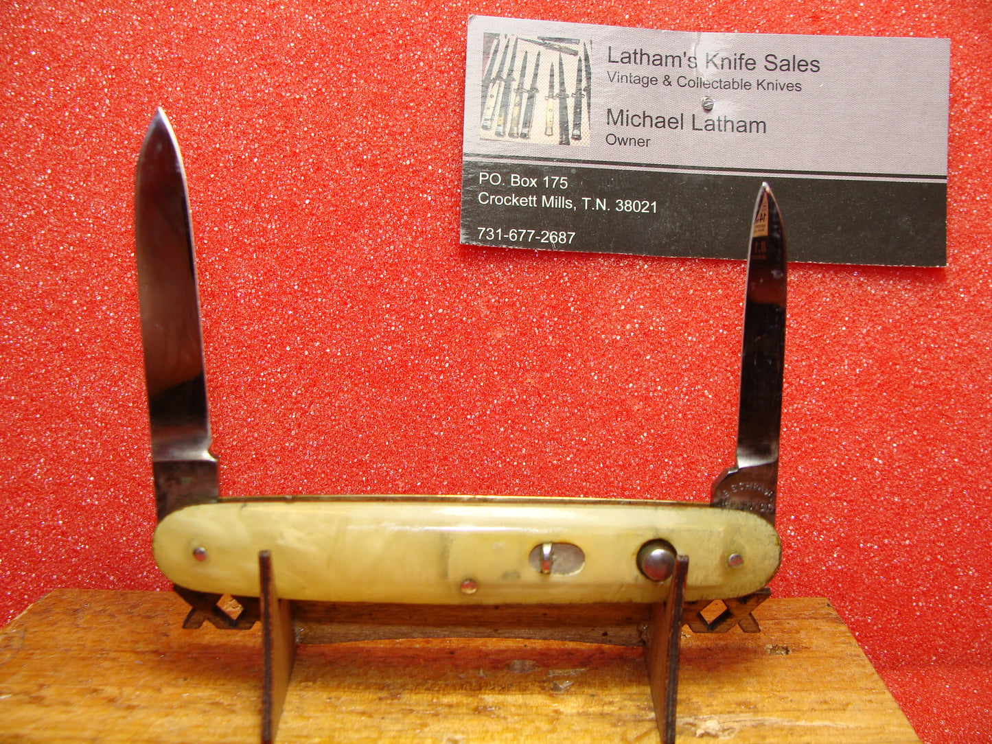 PRESTO GEO. SCHRADE CUTLERY BRIDGEPORT CONN. 1929-56 VINTAGE AMERICAN AUTOMATIC KNIFE 3 3/8" DOUBLE BLADE ONYX CELLULOID HANDLES