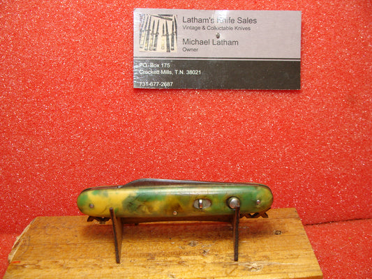 SCHRADE CUT CO. WALDEN NY 1916-46 VINTAGE AMERICAN AUTOMATIC KNIFE 3 3/8" DOUBLE BUTTON GREEN MIXED COLOR CELLULOID HANDLES