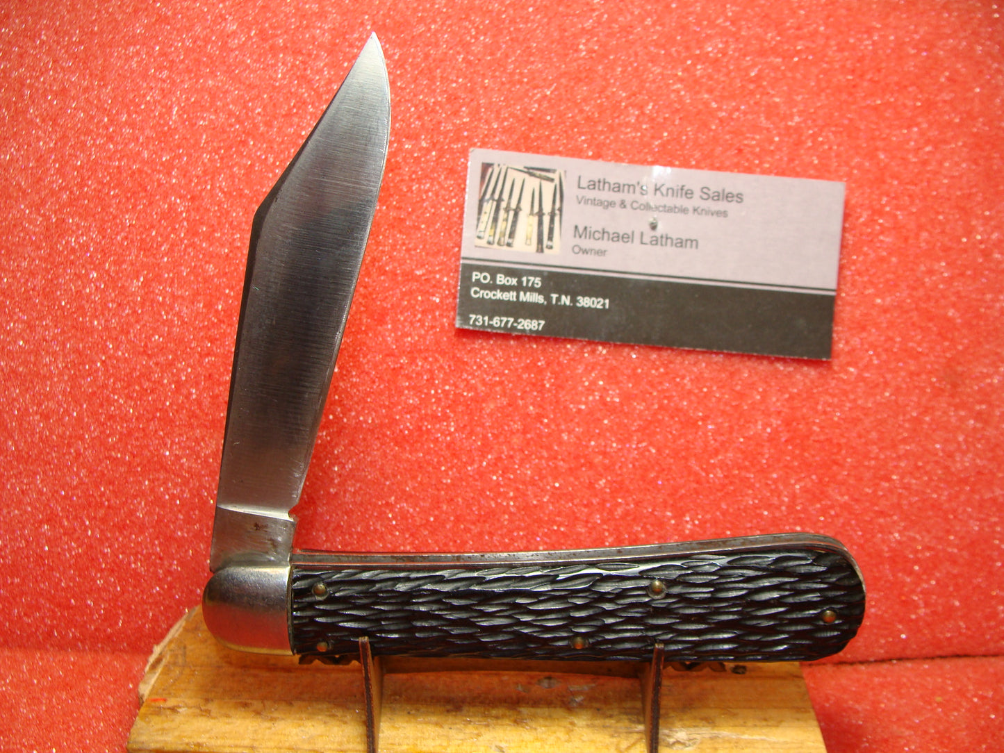 SCHRADE WALDEN NY USA 1950-56 OVB ETCH 4 7/8" VINTAGE AMERICAN AUTOMATIC KNIFE BLACK JIGGED COMPOSITION HANDLES