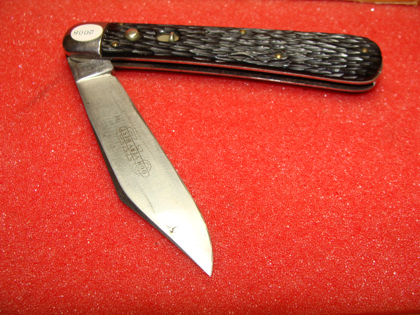 SCHRADE WALDEN NY USA 1950-56 OVB ETCH 4 7/8" VINTAGE AMERICAN AUTOMATIC KNIFE BLACK JIGGED COMPOSITION HANDLES