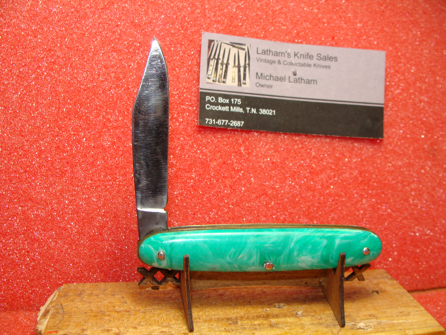 EDGEMASTER USA 1936-56 VINTAGE AMERICAN AUTOMATIC KNIFE 3 1/2" CIGAR JACK SINGLE GREEN/WHITE SWIRL COMPOSITION HANDLES