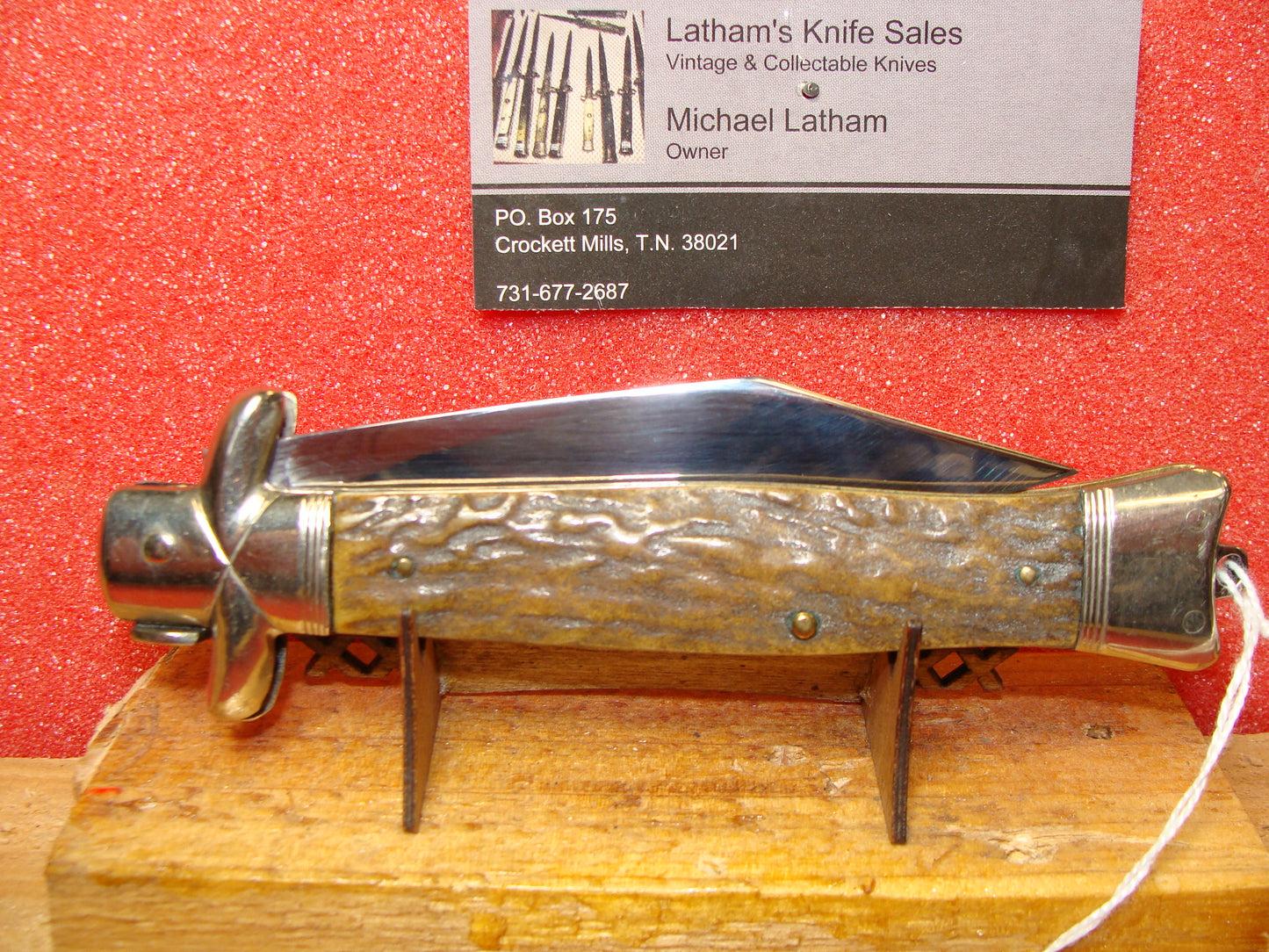 VOSS CUT CO. GERMANY BY ROBI KLAAS 1920-35 LEVER AUTOMATIC LARGE FISH TAIL GERMAN AUTOMATIC KNIFE STAG HANDLES