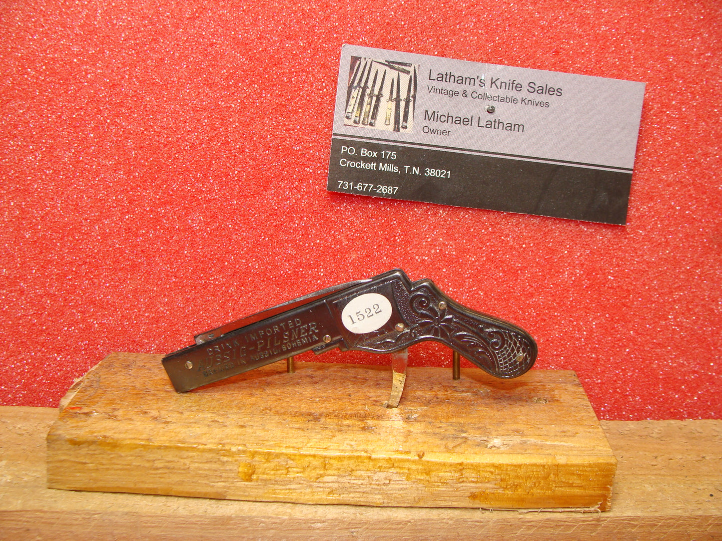 JOSEFH FEIST SOLINGEN GERMANY 1955-65 GUN KNIFE GERMAN AUTOMATIC KNIFE D.R.G.M. AUSSIG-PILSNER BEER